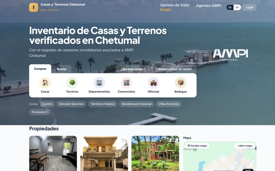 Portada de CasasyTerrenosChetumal.com: inventario de casas y terrenos verificados, con buscador por tipo de propiedad y mapa